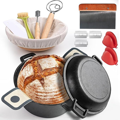 Advanced Cast Iron Dutch Oven for Baking, With Banneton Bread Proofing Basket & Baking Supplies, 5QT Multi-Functional Dutch Oven Pot with Lid, Cast Iron Bread Pan, Black by MakeLifeMoreComfortable