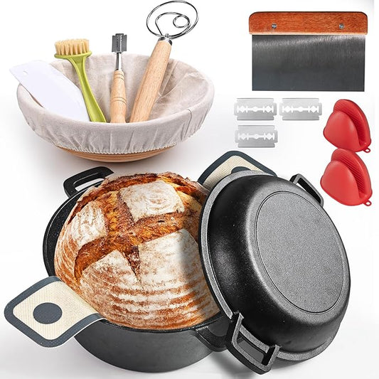 Advanced Cast Iron Dutch Oven for Baking, With Banneton Bread Proofing Basket & Baking Supplies, 5QT Multi-Functional Dutch Oven Pot with Lid, Cast Iron Bread Pan, Black by MakeLifeMoreComfortable