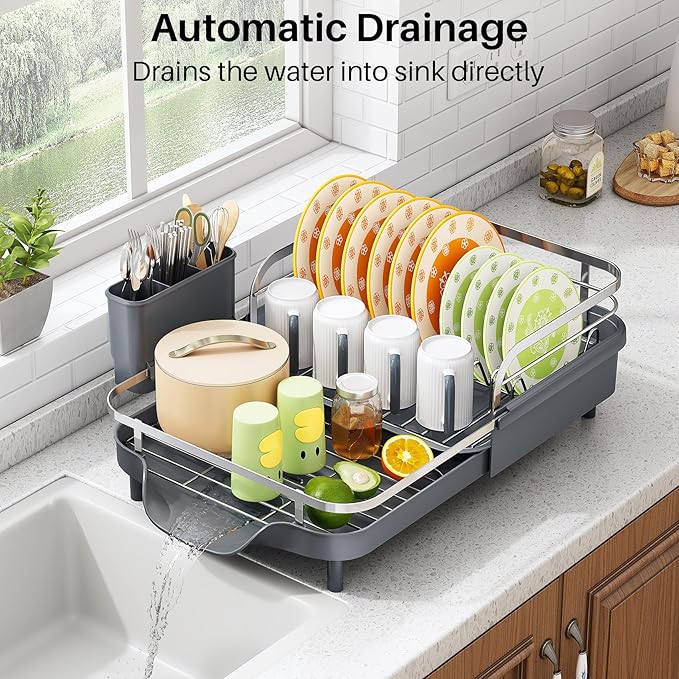 SAYZH Dish Drying Rack - Expandable Dish Rack for Kitchen Counter, Rust-Resistant Dish Drainer with Utensil Holder and Raised Guardrail, Kitchen Organizer for Cup and Bottle (Grey) - Image 5