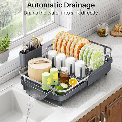 SAYZH Dish Drying Rack - Expandable Dish Rack for Kitchen Counter, Rust-Resistant Dish Drainer with Utensil Holder and Raised Guardrail, Kitchen Organizer for Cup and Bottle (Grey) - Image 5