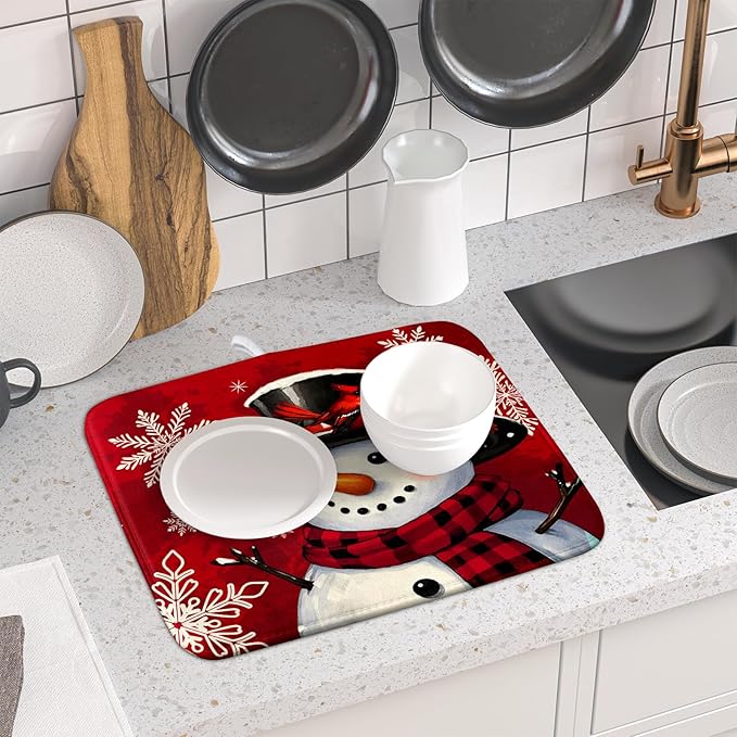 Christmas Snowman Dish Drying Mat for Kitchen Counter 16x18 Xmas Snowflake Winter Holiday Dark Red Absorbent Reversible Microfiber Drying Mats Kitchen Countertop Protector Dishes Drainer Rack Pad - Image 6