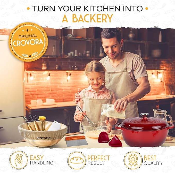 Crovora 6 QT Enameled Cast Iron Dutch Oven for Bread Baking with Lid - Incl. Sourdough Bread Baking Supplies like Banneton Bread Proofing Basket, Cast Iron Bread Oven, Bread Pan, bread making tools