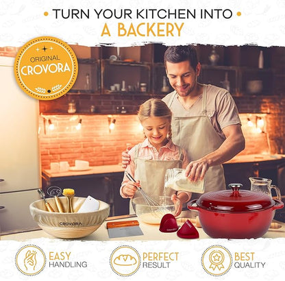 Crovora 6 QT Enameled Cast Iron Dutch Oven for Bread Baking with Lid - Incl. Sourdough Bread Baking Supplies like Banneton Bread Proofing Basket, Cast Iron Bread Oven, Bread Pan, bread making tools