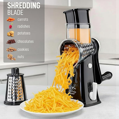 Zulay Kitchen Rotary Cheese Grater 5 Blade Cheese Shredder - Manual Hand Crank Cheese Grater With Reinforced Suction & 5 Interchangeable Drums - Easy to Use, Vegetable Chopper Round Mandoline Slicer - Image 3