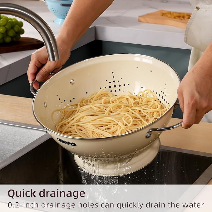 Metal Colander 2 Pack, Strainer Bowel with Handles 2Qt & 6Qt Powder Coated Solid Ring Base Heavey Duty Kitchen Drainer Basket for Pasta Veggies and Fruits,New Home Apartment Essentials (Almond Cream) - Image 3