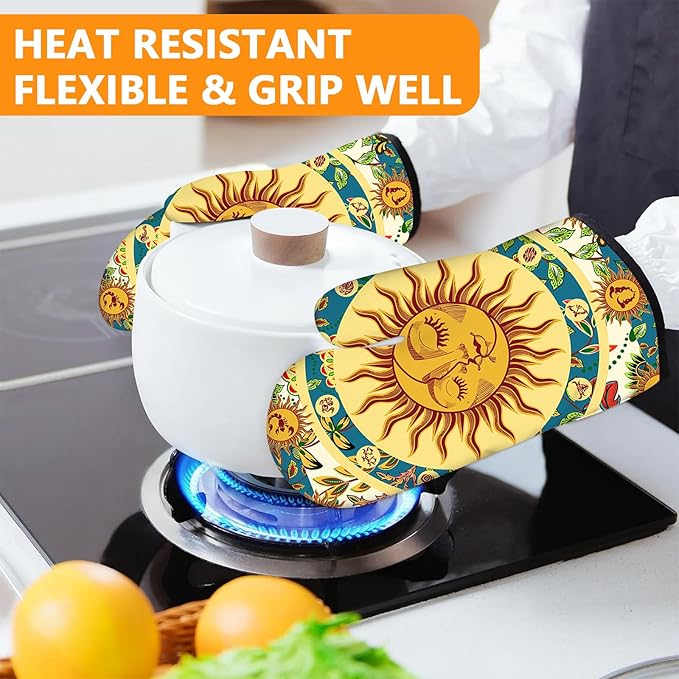 Sun and Moon Oven Mitts and Pot Holders Sets 4Pcs,Extra Long Oven Gloves Potholder for Kitchen Cooking Baking BBQ 100% Cotton Heat Resistant - Image 6