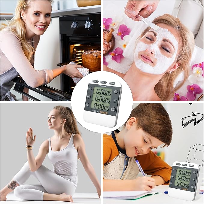Photect 2 Pcs Digital Kitchen Timer 3 Channels Multi Timer Loud Adjustable Alarm Magnetic Count up Down Memory Preset Battery Included for Cooking Baking BBQ Study Classroom - Image 7