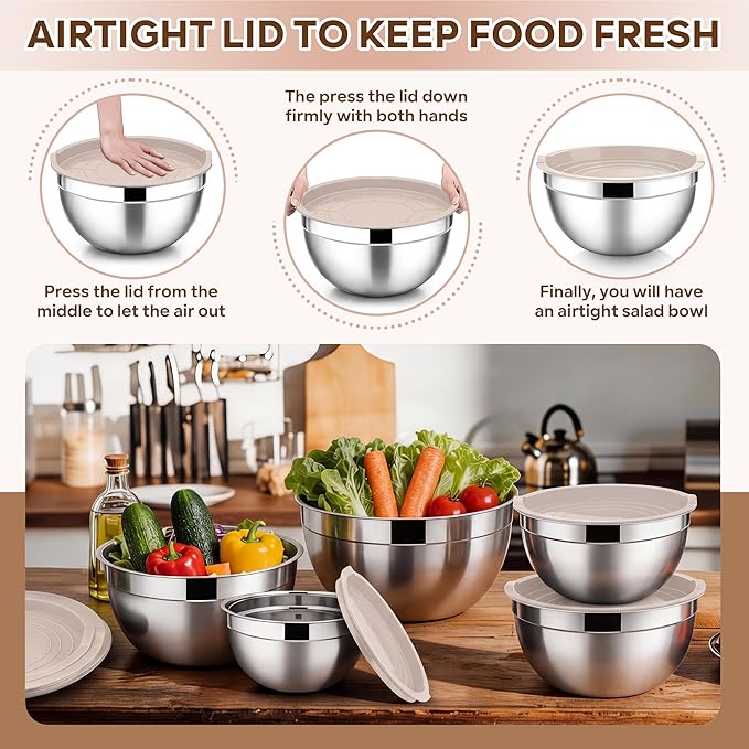 E-far Mixing Bowls With Lids Sets of 5, 10-Piece Stainless Steel Salad Metal Nesting Bowl for Baking Cooking and Prepping, Airtight Lid & Stackable Design, Size 4.6, 3, 2.1, 1.5, 0.7 QT, Khaki - Image 6