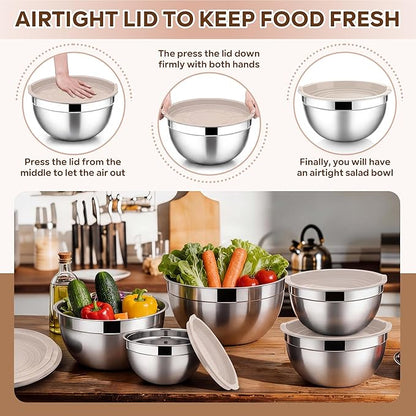 E-far Mixing Bowls With Lids Sets of 5, 10-Piece Stainless Steel Salad Metal Nesting Bowl for Baking Cooking and Prepping, Airtight Lid & Stackable Design, Size 4.6, 3, 2.1, 1.5, 0.7 QT, Khaki - Image 6