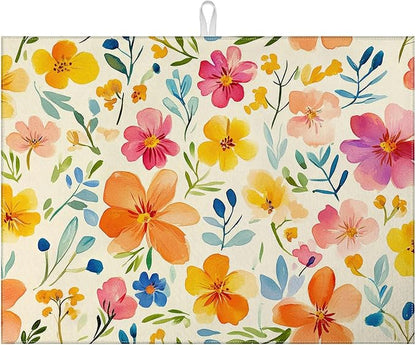 Colorful Flower Dish Drying Mat for Kitchen Counter Spring Floral Drying Pad Absorbent Reversible Dish Drainer Rack Mats Draining Pad 18"x24"Inch