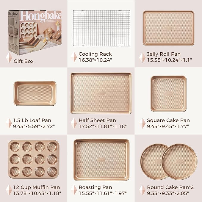 HONGBAKE 9-Piece Baking Pans Set Nonstick, Stackable Non Toxic Bakeware Sets with Diamond Texture, Oven Pan Set for Cooking, Includes Cookie Sheet with Rack, Cake Pan, Roasting Pan, Muffin Tin, Gold - Image 6
