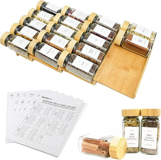 Spice Drawer Organizer with 20 Bamboo-lidded Spice Jars,216 Labels,25 Non-slip Rubber, Bamboo 4 Tier Seasoning Rack Tray Insert for Kitchen Drawers,Cabinets,Countertop,9" Wide x 15.8" Deep