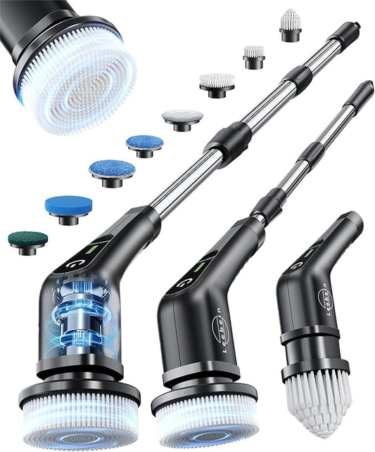 Leebein Electric Spin Scrubber, Cordless Cleaning Brush with 8 Replaceable Brush Heads, Tub and Floor Tile Power Scrubber Dual Speed with Adjustable & Detachable Handle for Bathroom Tub (All Black) by Leebein