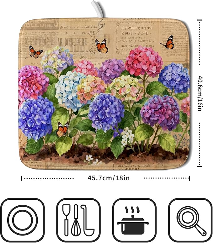 Vintage Hydrangea Dish Drying Mat Watercolor Floral Microfiber Absorbent Dish Drying Pad for Kitchen Counter Small - Image 2
