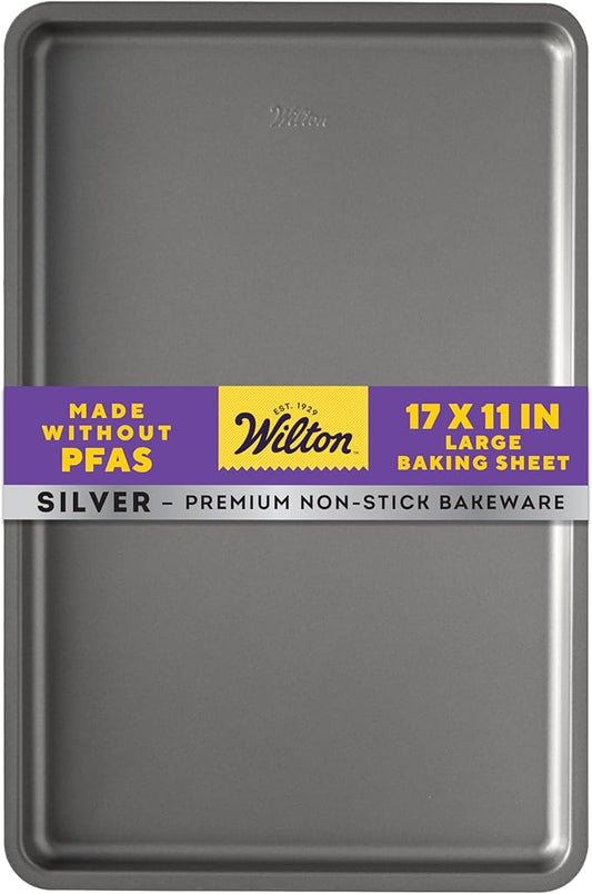 Wilton Silver Non Stick Large Baking Sheet, Cookie and Roasting Pan for Sheet Pan Meals, Made without PFAS, Even Heating, 17.25 x 11.5 Inch by Wilton