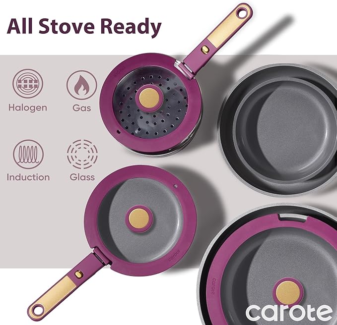 CAROTE Ceramic Pots and Pans Set, Nonstick Cookware Set Detachable Handle, 6pcs Induction Kitchen Cookware Sets Non Stick with Removable Handle, RV Cookware Set, Oven Safe, Purple - Image 8