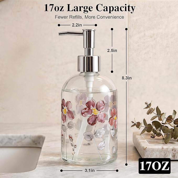 17oz Glass Soap Dispenser with Plastic Pump, 2 Pack Refillable Kitchen Soap Dispenser for Dish Soap, Soap Dispenser Bathroom for Hand Soap, Lotion, Body Wash