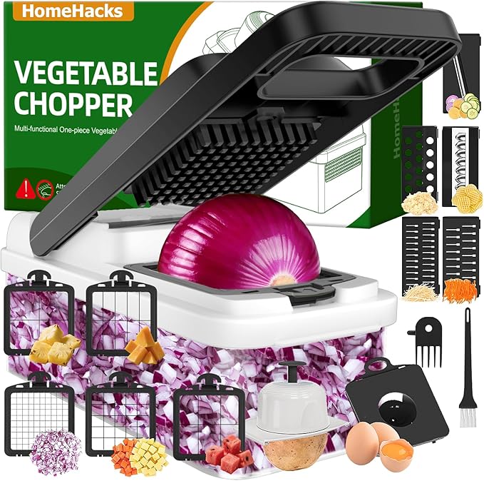 HomeHacks Vegetable Chopper Vegetable Cutter, 15 in 1 Kitchen Gadget, Dicer, Slicer, Onion Cutter, Salad, Cheese Grater & Egg Separator - Multi-Functional Veggie Chopper Lid with Handle (White) by HomeHacks