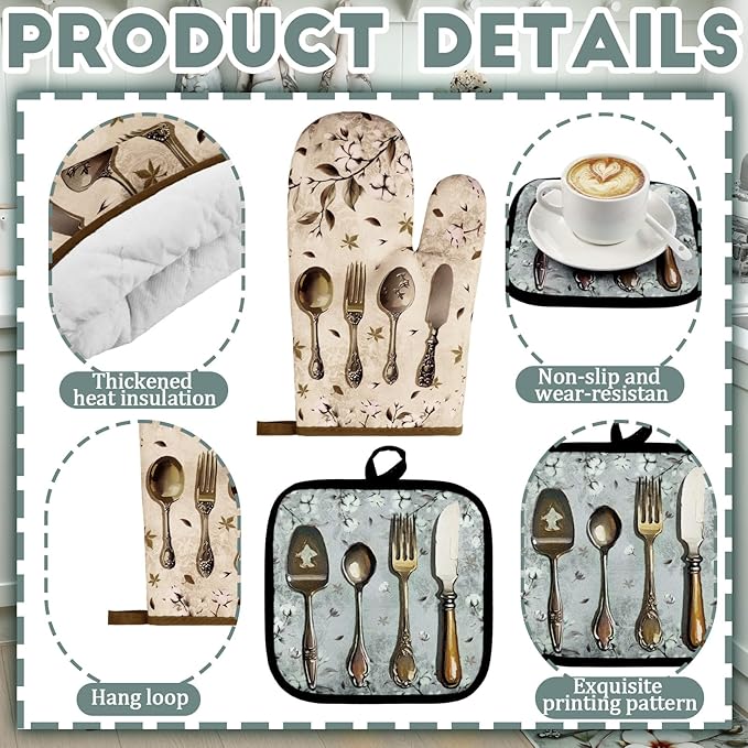 Fourluoo 10 Pcs Farmhouse Kitchen Decor and Accessories Set 4 Kitchen Towels 2 Pot Holders 2 Oven Mitts 2 Rugs for Cooking Baking Mom Housewarming Gifts(Soft Color,Elegant Style) - Image 5