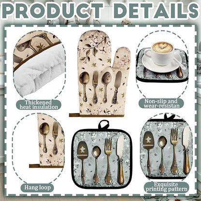 Fourluoo 10 Pcs Farmhouse Kitchen Decor and Accessories Set 4 Kitchen Towels 2 Pot Holders 2 Oven Mitts 2 Rugs for Cooking Baking Mom Housewarming Gifts(Soft Color,Elegant Style) - Image 5