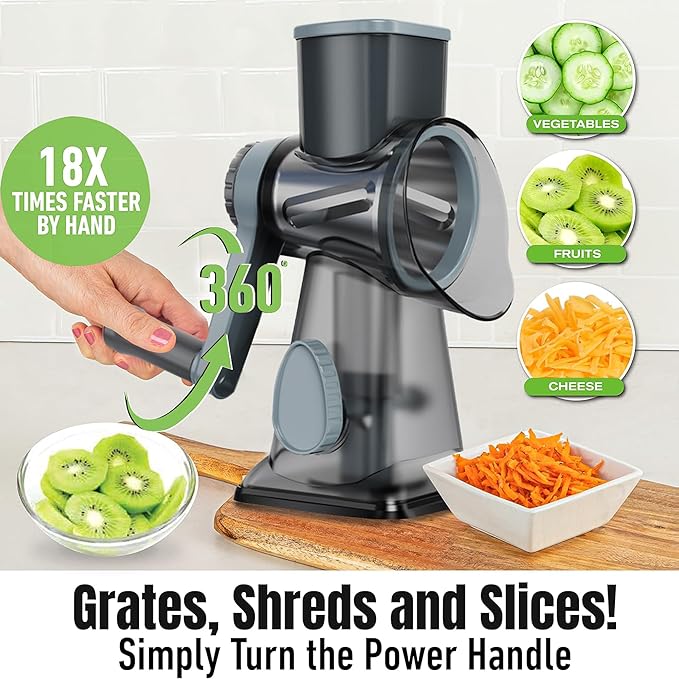 Cheese Grater Hand Crank Rotary Vegetables Shredder with Handle, 3-in-1 Graters with Interchangeable Blades and Non-slip Base Multifunctional Slicer for Kitchen - Image 4