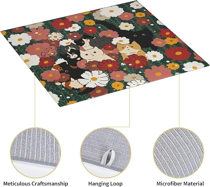 Cute Cat Flowers Dish Drying Mat 16x18 Inch, Microfiber Absorbent Fast Dry Mat Colorful Floral Large Dish Mat Drying Kitchen Mat, Kitchen Drying Pad for Kitchen Counter Coffee Bar Decor Gifts