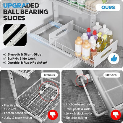 Under Sink Organizer Upgrade To Professional Rails,2-Tier Dual Pull Out Cabinet Storage,Height Adjustable Slide Out Drawers For Bathroom Kitchen,2 Pack-14.5"Dx12.8"-16.9"H,White - Image 3