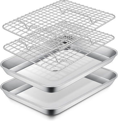 P&P CHEF 10.4 Inch Toaster Oven Pan with Rack Set, Stainless Steel Baking Pan Tray and Grid Cooling Rack for Cooking/Roasting, Dishwasher Safe & Easy to Clean, Non-toxic & Sturdy, (4Pcs)