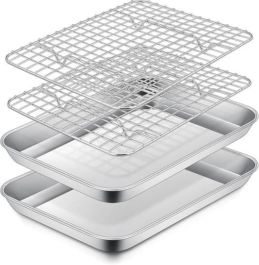 P&P CHEF 10.4 Inch Toaster Oven Pan with Rack Set, Stainless Steel Baking Pan Tray and Grid Cooling Rack for Cooking/Roasting, Dishwasher Safe & Easy to Clean, Non-toxic & Sturdy, (4Pcs)