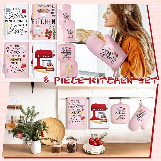 Leinuosen 8 Pcs Kitchen Towels and Oven Mitts Sets Pot Holders Dishcloths Set Kitchen Decorative Accessories Absorbent Potholders Heat Resistant for Chef Baking Cooking(Pink,Food) - Image 2