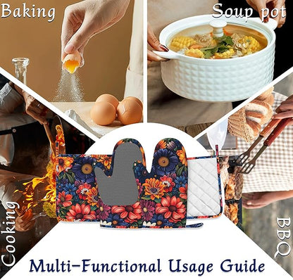 Colourful Flowers Potholders & Oven Mitts Sets Spring Floral Silicone Heat Resistant Oven Mits and Hot Pads Non-Slip Pot Holders Gloves for Kitchen Chef Cooking Baking Grilling BBQ