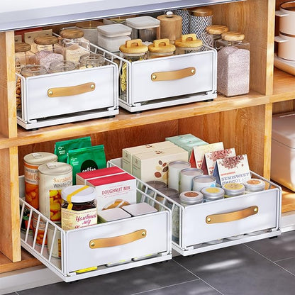 Pull out Cabinet Organizer,Heavy Duty Slide out Pantry Shelves Drawer Storage with Adhesive Nano Film,Sliding Mesh Cabinet Basket with Handle for Kitchen, Bathroom, Home, 9.8"W X 15.7"D X 6.2"H,White