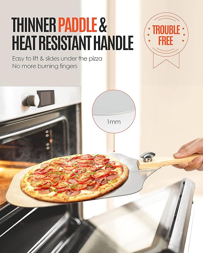 Pizza Peel Aluminum Pizza Spatula, Mooues 12 inch Metal Pizza Paddle(12"x 14")with Rocker Cutter Foldable Wood Handle, [Storage bag included], for Family Pizza Oven Baking Pizza, Dough, Bread & Pastry - Image 2