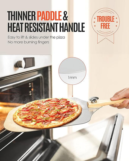 Pizza Peel Aluminum Pizza Spatula, Mooues 12 inch Metal Pizza Paddle(12"x 14")with Rocker Cutter Foldable Wood Handle, [Storage bag included], for Family Pizza Oven Baking Pizza, Dough, Bread & Pastry - Image 2