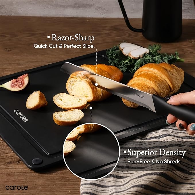 CAROTE Knife Set, 11 Pcs Kitchen Knives with 5 Blade Guards & Non-Slip Cutting Board, Rustproof Stainless Steel 5 Kitchen Knife Set, Plain Black - Image 4