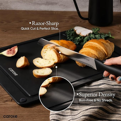 CAROTE Knife Set, 11 Pcs Kitchen Knives with 5 Blade Guards & Non-Slip Cutting Board, Rustproof Stainless Steel 5 Kitchen Knife Set, Plain Black - Image 4