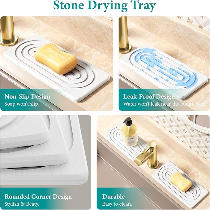 Water Absorbing Stone Tray, Quick Drying Diatomite Bathroom Tray Countertop, Stone Drying Mat for Kitchen Counter, Soap Dish Dispenser Vanity Organizer, White-B-8.3" x 4" - Image 4