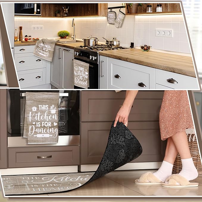 Fourluoo 10 Pcs Farmhouse Kitchen Decor and Accessories Set 4 Kitchen Towels 2 Pot Holders 2 Oven Mitts 2 Rugs for Cooking Baking Mom Housewarming Gifts(Brown,Classic Style) - Image 7