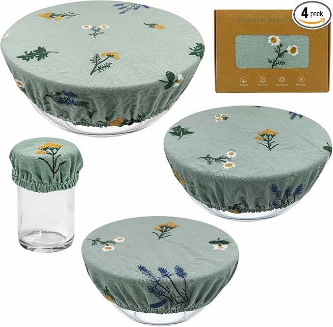 Reusable Bowl Covers (Set of 4) - Breathable Cotton Linen Sourdough Accessories - Elastic Durable Fabric Food Lids for Proofing Baskets & Bread Baking Supplies (Sage Green) by Lospara