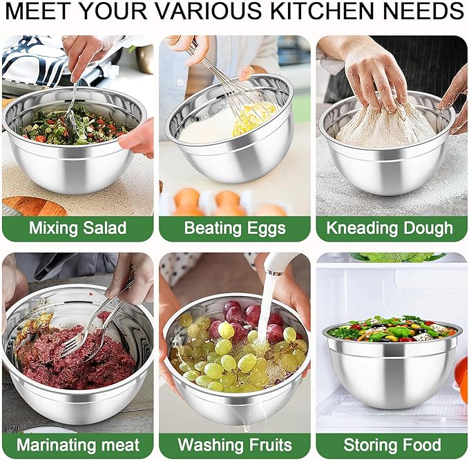 TeamFar Mixing Bowls with Airtight Lids, 5PCS Stainless Steel Metal Salad Bowl with 3 Grater Attachments, for Cooking, Prepping, Serving, Healthy & Easy Clean - 0.7/1/1.5/2.6/4.6QT, Khaki - Image 5