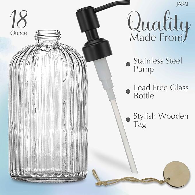JASAI 18Oz Simple Glass Soap Dispenser with Black Rust Proof Pump,Refillable Kitchen soap Dispenser with Vertical Stripe, Bathroom Soap Dispenser for Dispense Hand soap, Dish Soap, Lotion. - Image 2