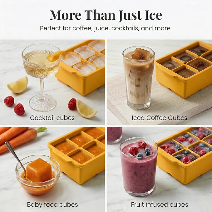 KitchFort Large Silicone Ice Cube Tray (2-Pack), Easy Release 2" Big Ice Cubes - Cocktail, Whiskey Ice Cubes Mold - Ice Trays for Freezer with Lid - Stackable Silicone Ice Tray - Mustard Yellow - Image 7