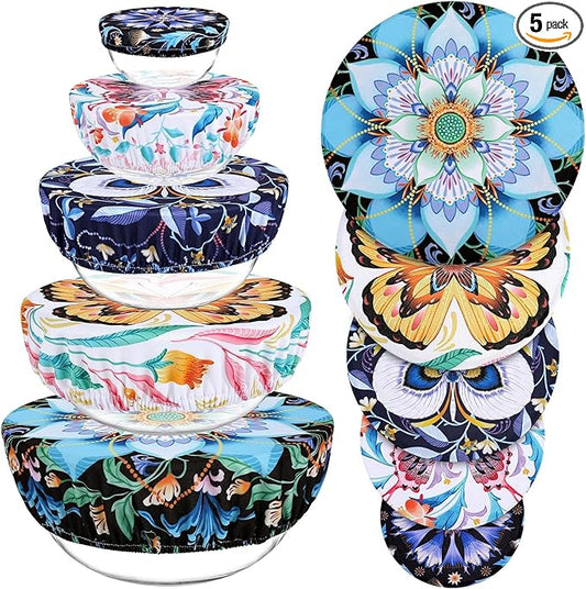 5 Pieces Bowl Covers Reusable, 5 Size Elastic Cloth Bowl Covers for Bread Proofing, Food Covers Washable for Food Fruits Leftover (Lotus Floral) by Revahope