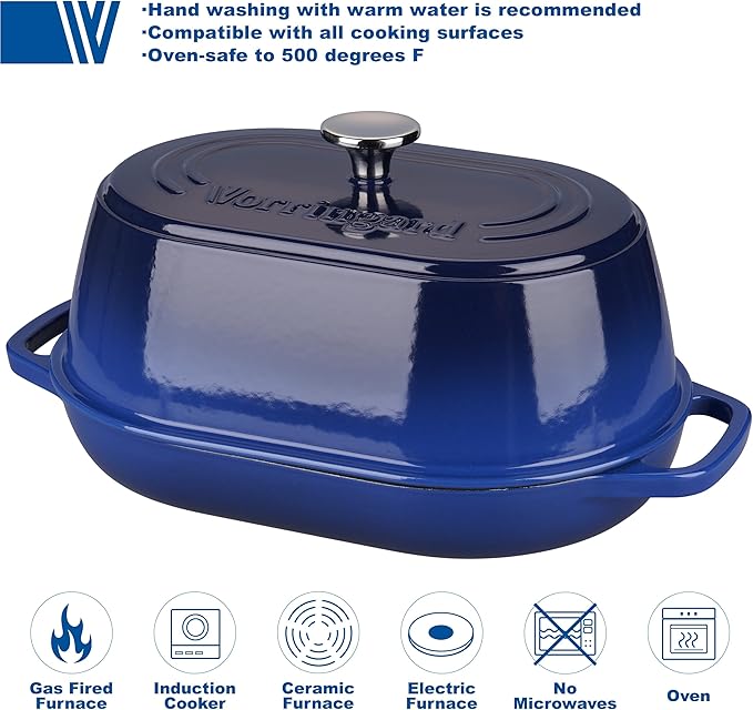 VORRINGARD Enameled Cast Iron Dutch Oven Pot with Dome Lid, Oval Bread Oven for Homemade Sourdough Bread Baking, Oven Safe up to 500°F, 6 Quart, Blue