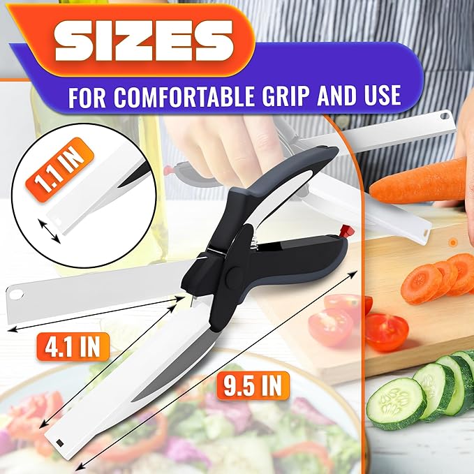 2 in 1 Kitchen Scissors for Food – Stainless Steel Blade & Plastic Cutting Board Scissors with Safety Lock | 9.5" Tomato Knife, Fruit & Vegetable Cutter – Easy-to-Use Kitchen Shears for Meat, Cheese - Image 2