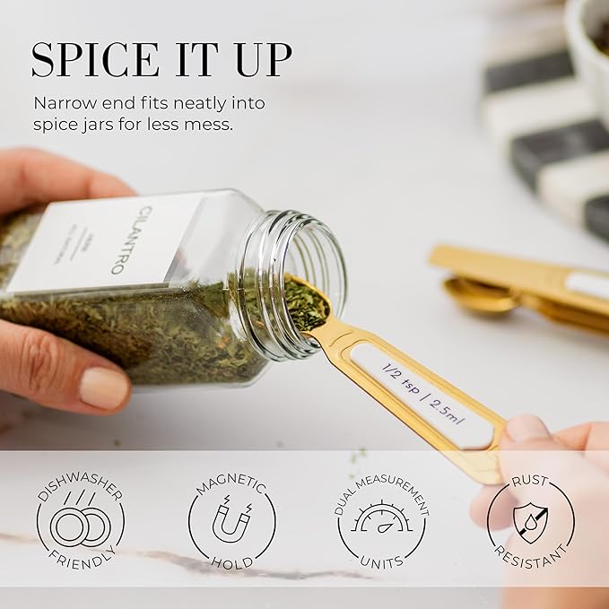 White and Gold Measuring Spoons with Leveler - Featuring 8PC Upgraded Style, Dual-Sided, Stackable, Stainless Magnetic Measuring Spoons Set - Fits in Spice Jars, White and Gold Kitchen Accessories - Image 6