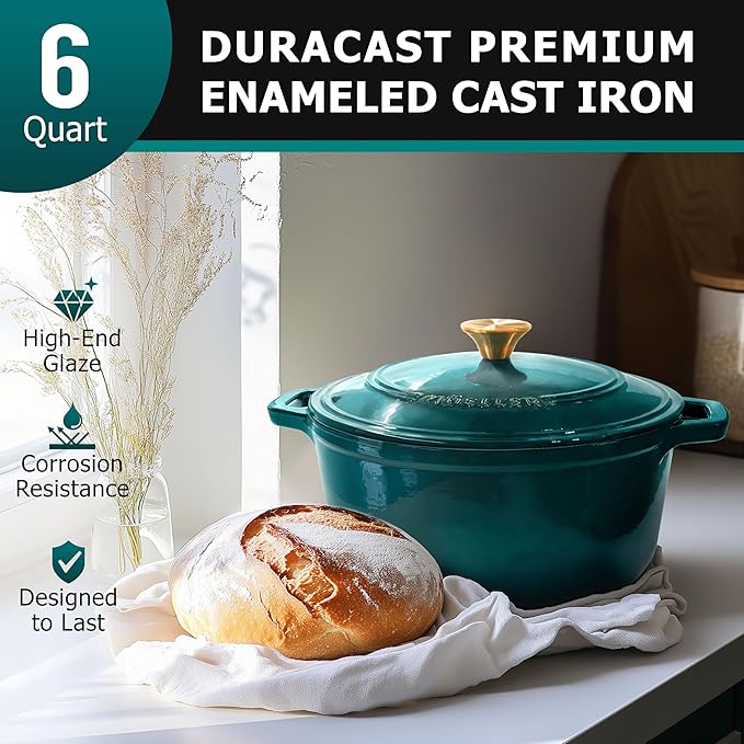 Mueller DuraCast 6 Quart Enameled Cast Iron Dutch Oven Pot with Lid, Sourdough Bread Baking, PFOA-Free, 500°F Oven Safe - All Cooktops incl. Induction, Braising & Slow Cooking, Emerald - Image 2