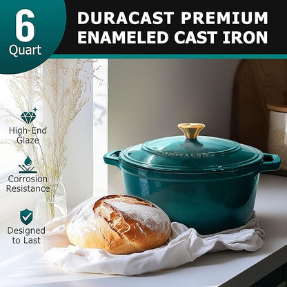 Mueller DuraCast 6 Quart Enameled Cast Iron Dutch Oven Pot with Lid, Sourdough Bread Baking, PFOA-Free, 500°F Oven Safe - All Cooktops incl. Induction, Braising & Slow Cooking, Emerald - Image 2