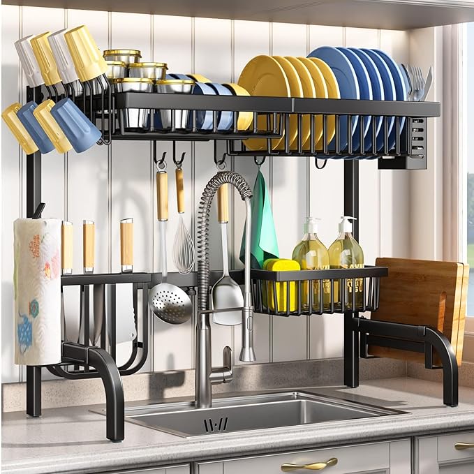 SAYZH Over The Sink Dish Drying Rack, Adjustable (25.5 to 33.5 inch) 2 Tier Metal Steel Dish Drying Racks for Kitchen Counter with Hooks Paper Towel Utensil Cup Holder Sink Caddy (Black) by SAYZH
