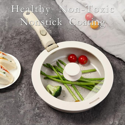 ESLITE LIFE Nonstick Ceramic Frying Pans Skillets Set with Lids & Detachable Handle, Non-Toxic Egg Omelette Kitchen Cooking Pans Compatible with All Stovetops, PTFE & PFOA Free, White, 7-Piece - Image 3